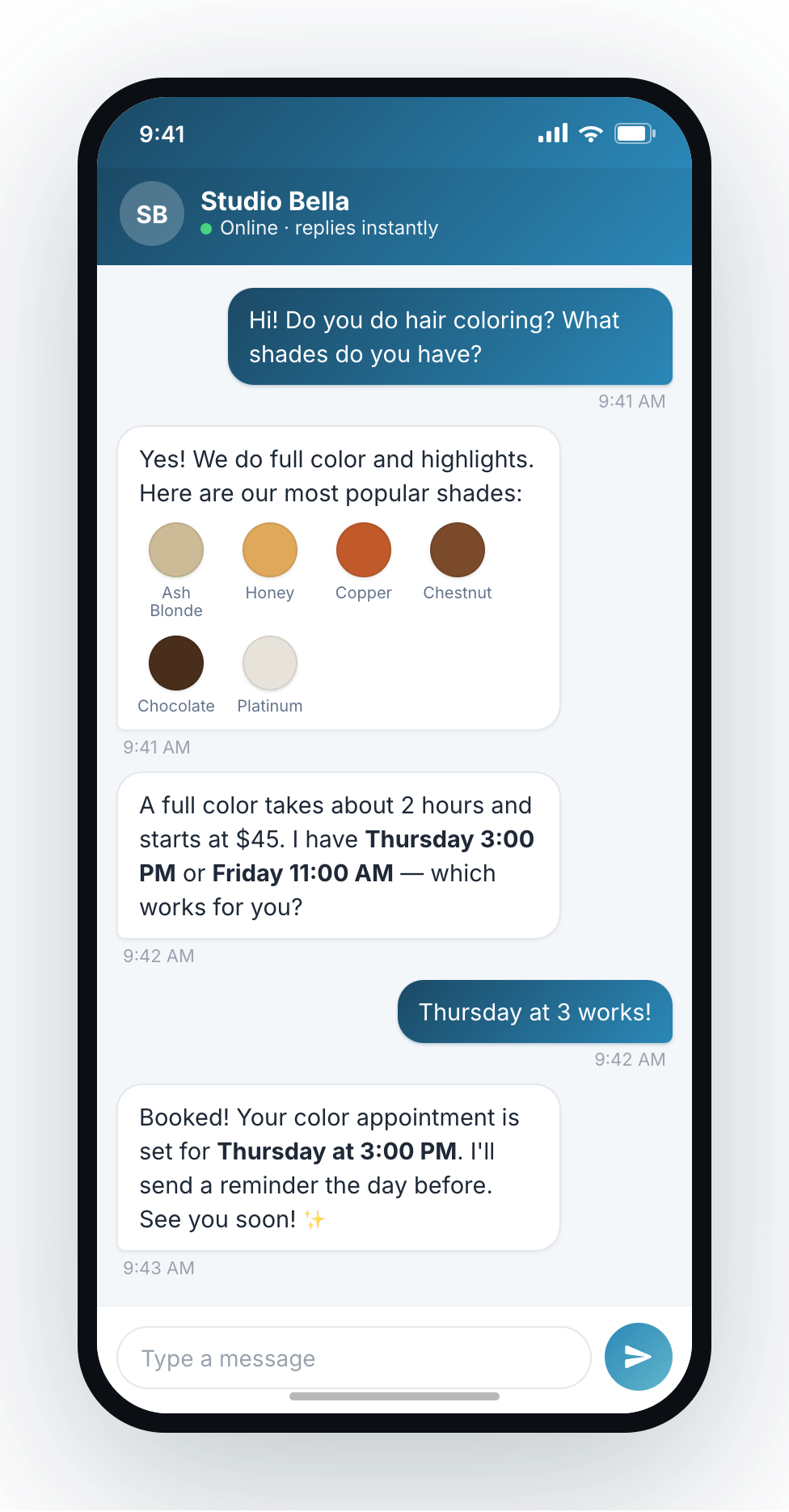 Okidoki chat where a salon client books a hair-coloring appointment