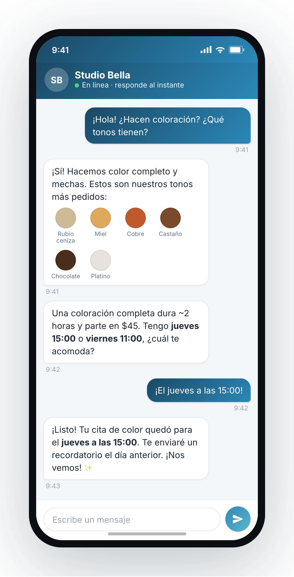 Chat de okidoki donde un cliente agenda una cita de coloración en la peluquería