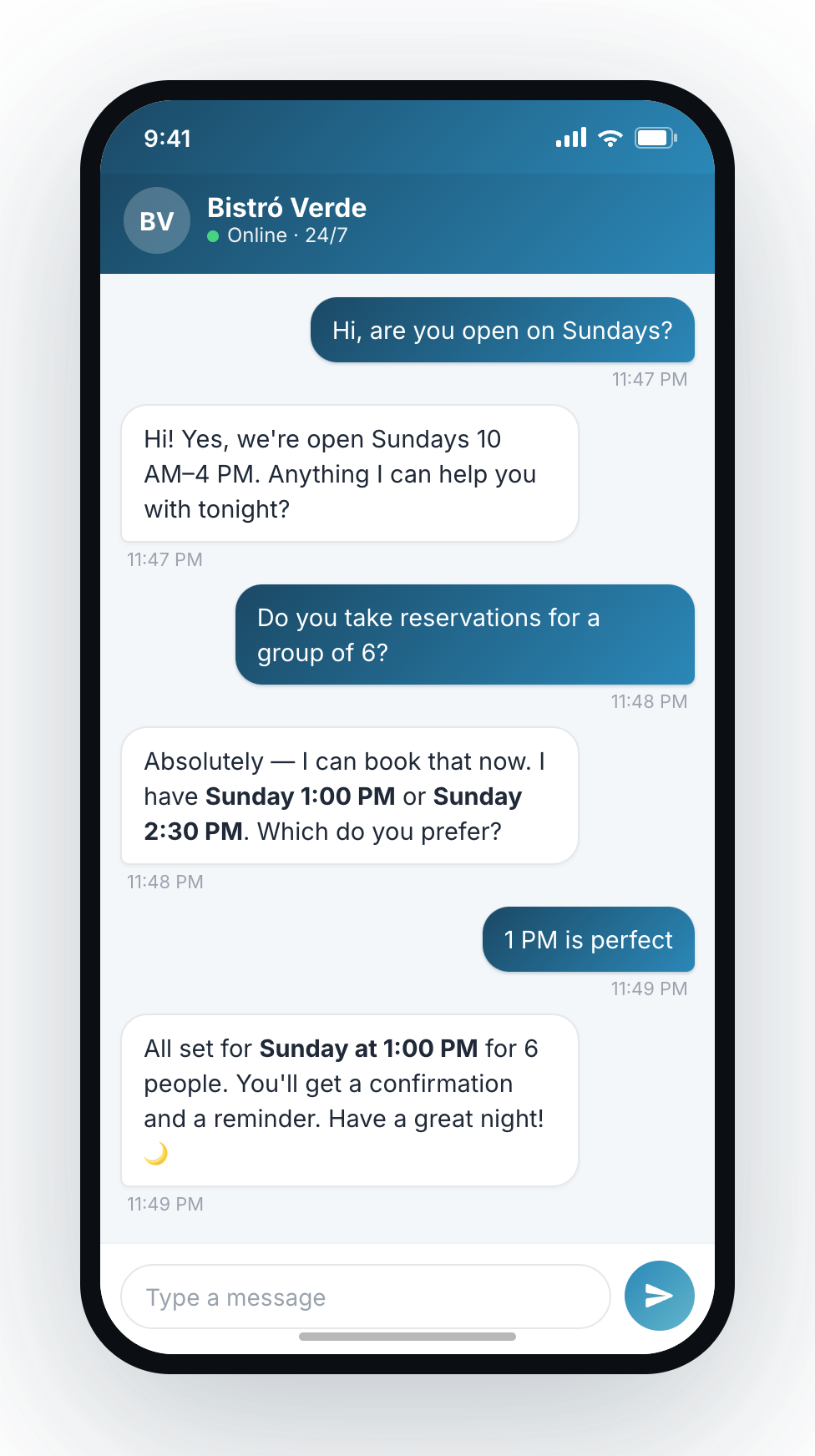 Okidoki chat answering a late-night question and booking a reservation