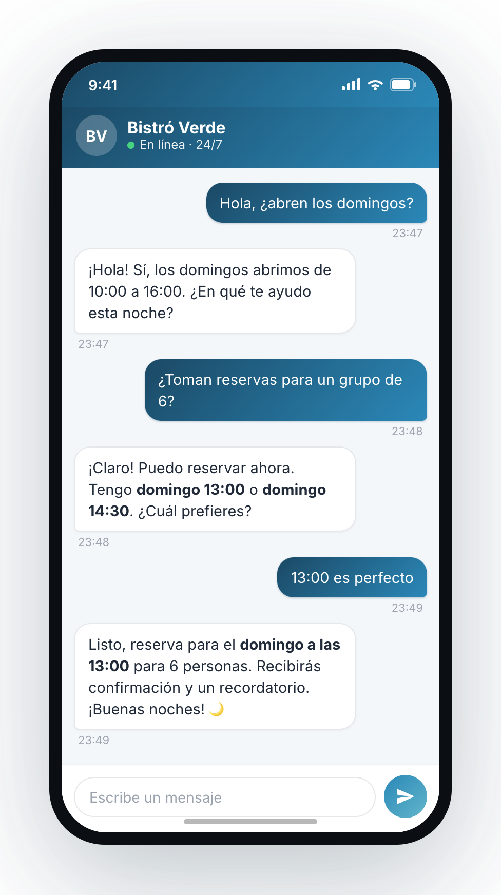 Chat de okidoki respondiendo una consulta nocturna y agendando una reserva