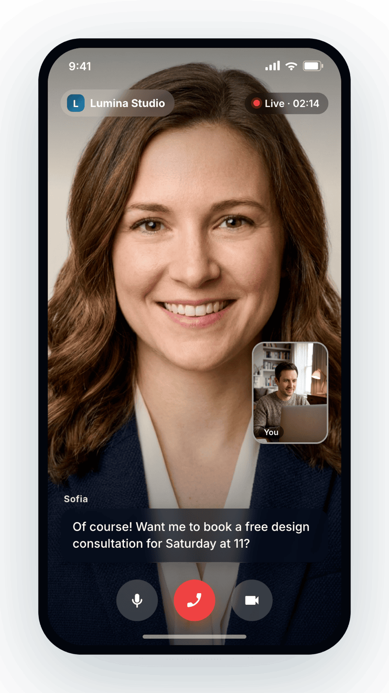 A lifelike AI video avatar on a live call, offering to book a consultation
