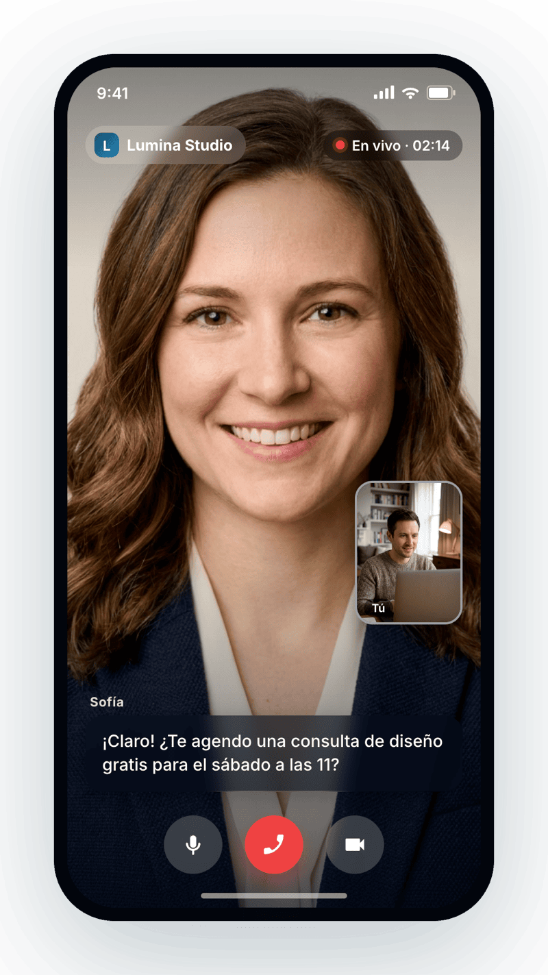 Un avatar de video con IA realista en una llamada en vivo, ofreciendo agendar una consulta