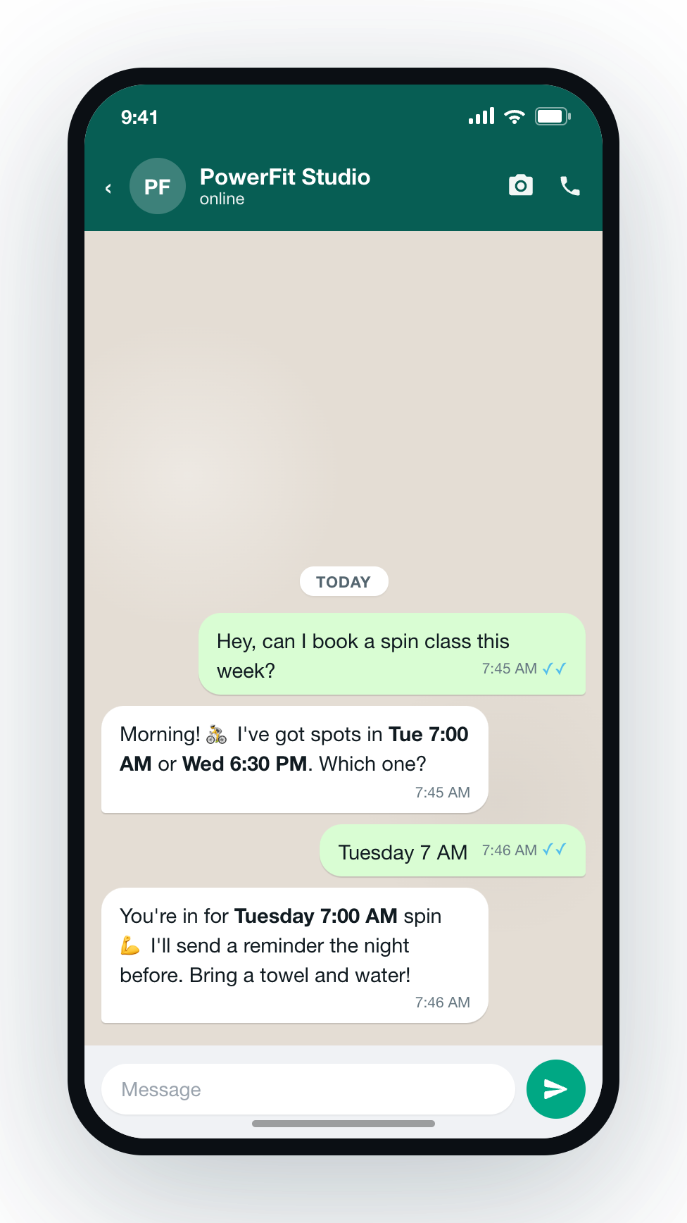 WhatsApp chat booking a gym spin class