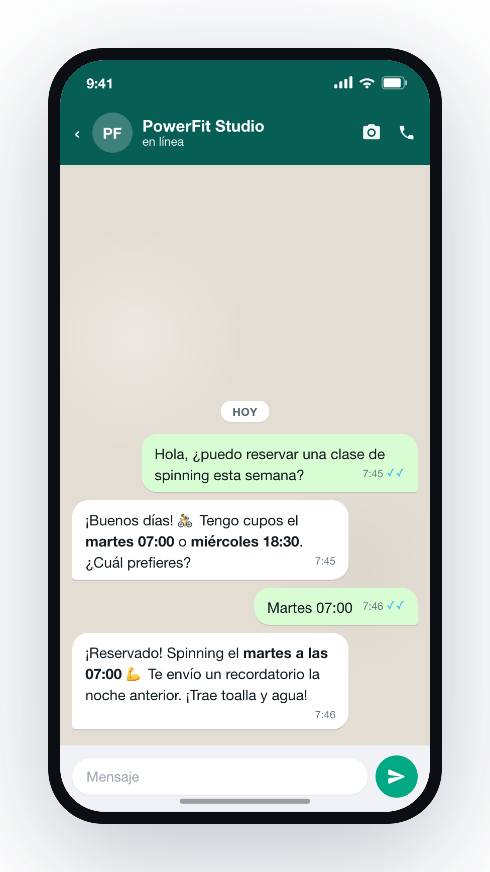 Chat de WhatsApp reservando una clase de spinning en el gimnasio