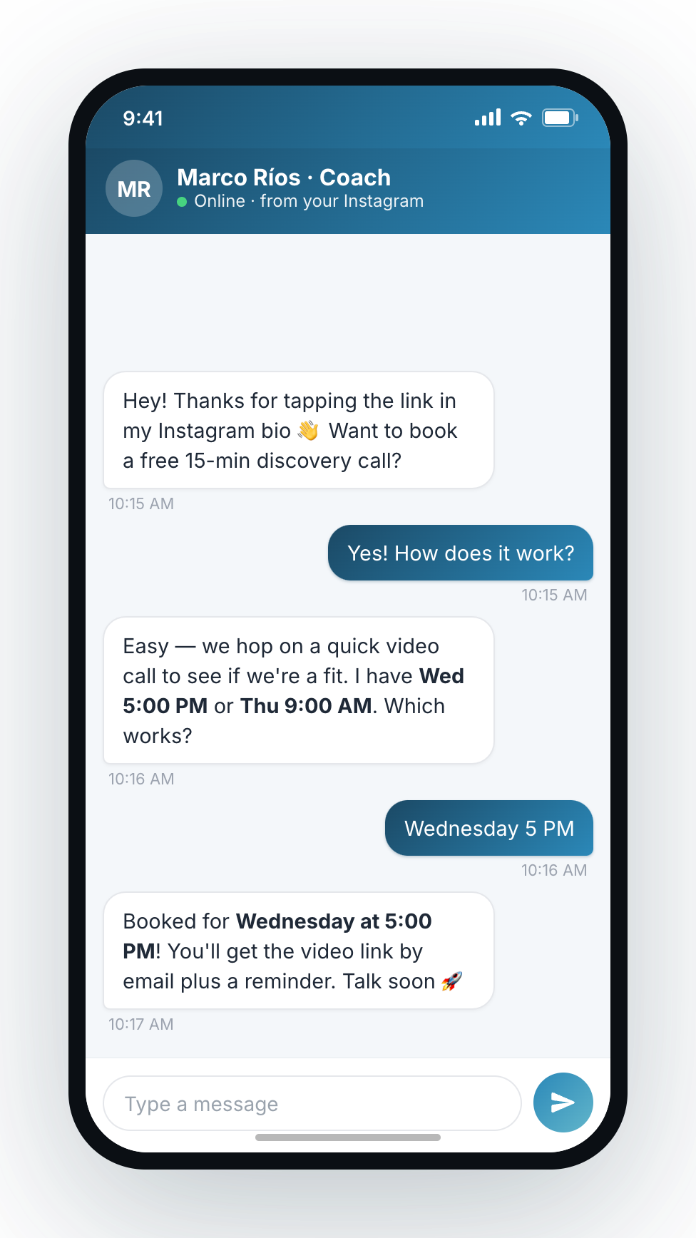 Okidoki chat booking a discovery call from an Instagram link in bio