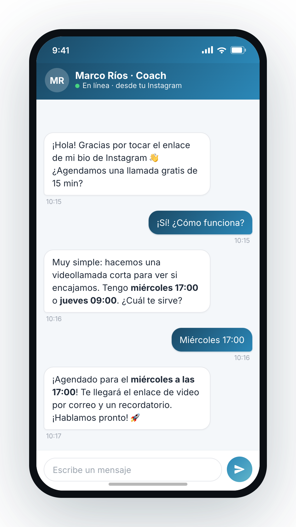 Chat de okidoki agendando una llamada desde el enlace de la bio de Instagram