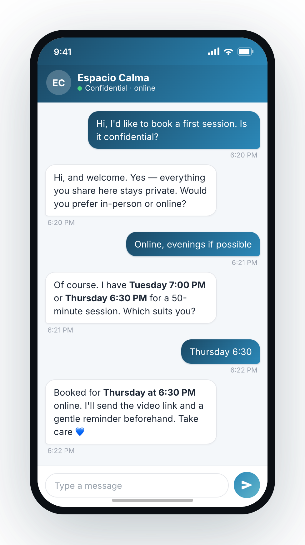 Okidoki chat booking a confidential first therapy session