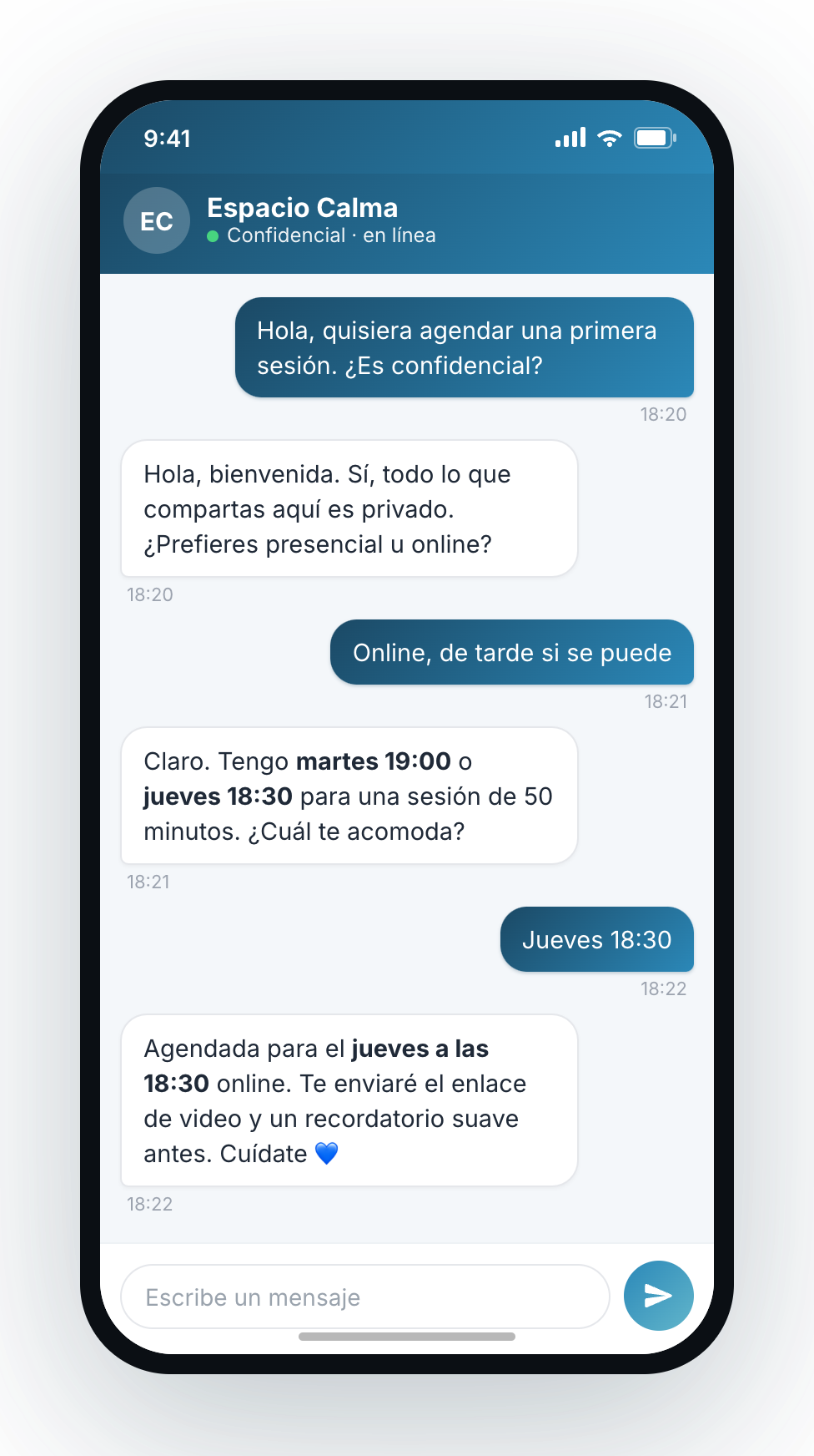 Chat de okidoki agendando una primera sesión de terapia confidencial