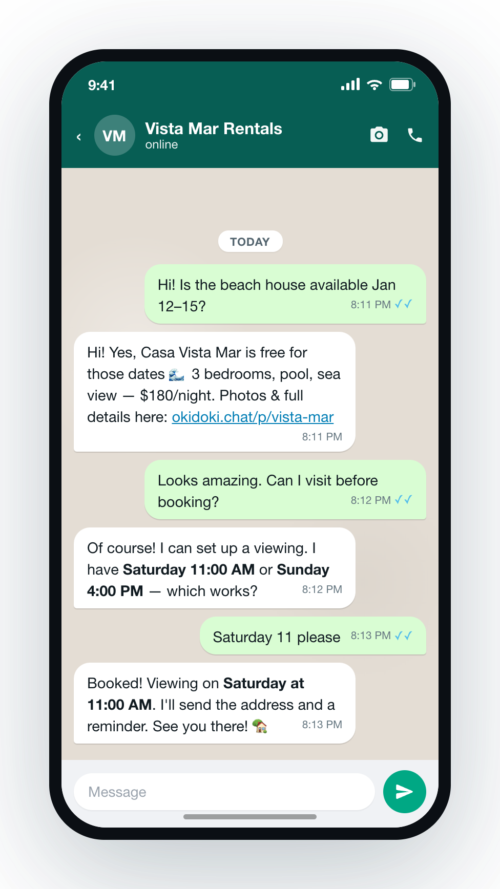 WhatsApp chat where okidoki confirms a vacation rental and books a viewing