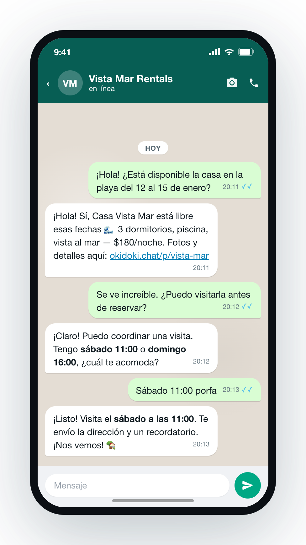 Chat de WhatsApp donde okidoki confirma un arriendo vacacional y agenda una visita