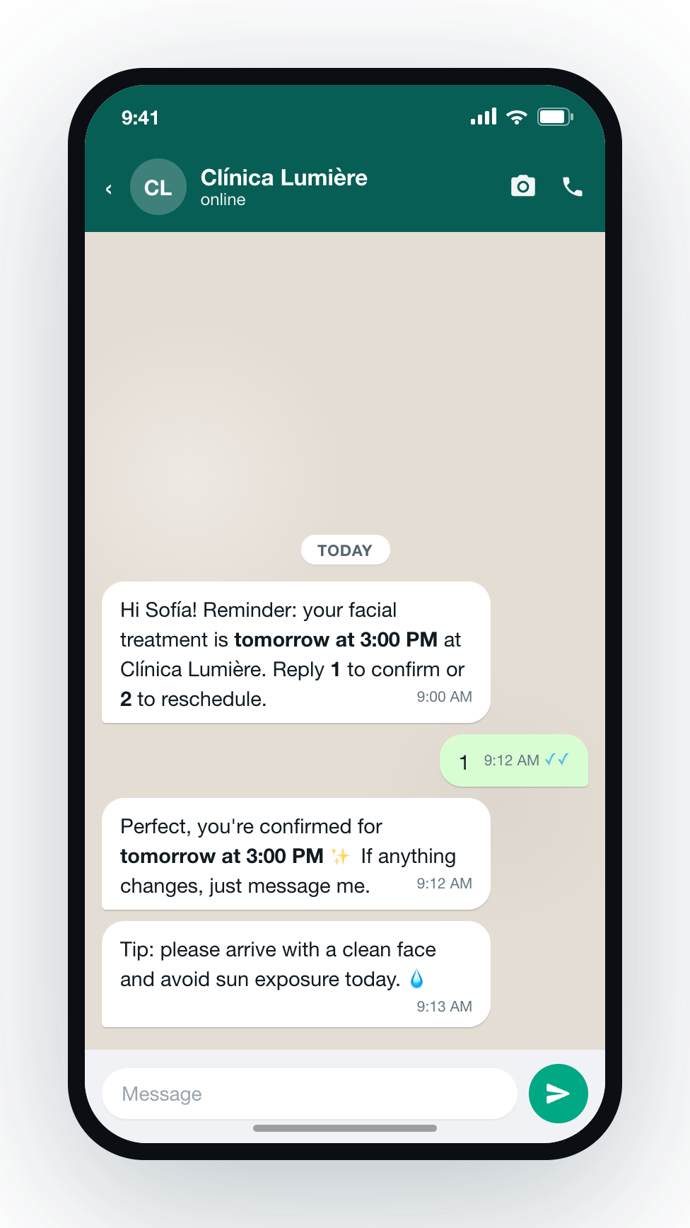 WhatsApp appointment reminder with one-tap confirmation