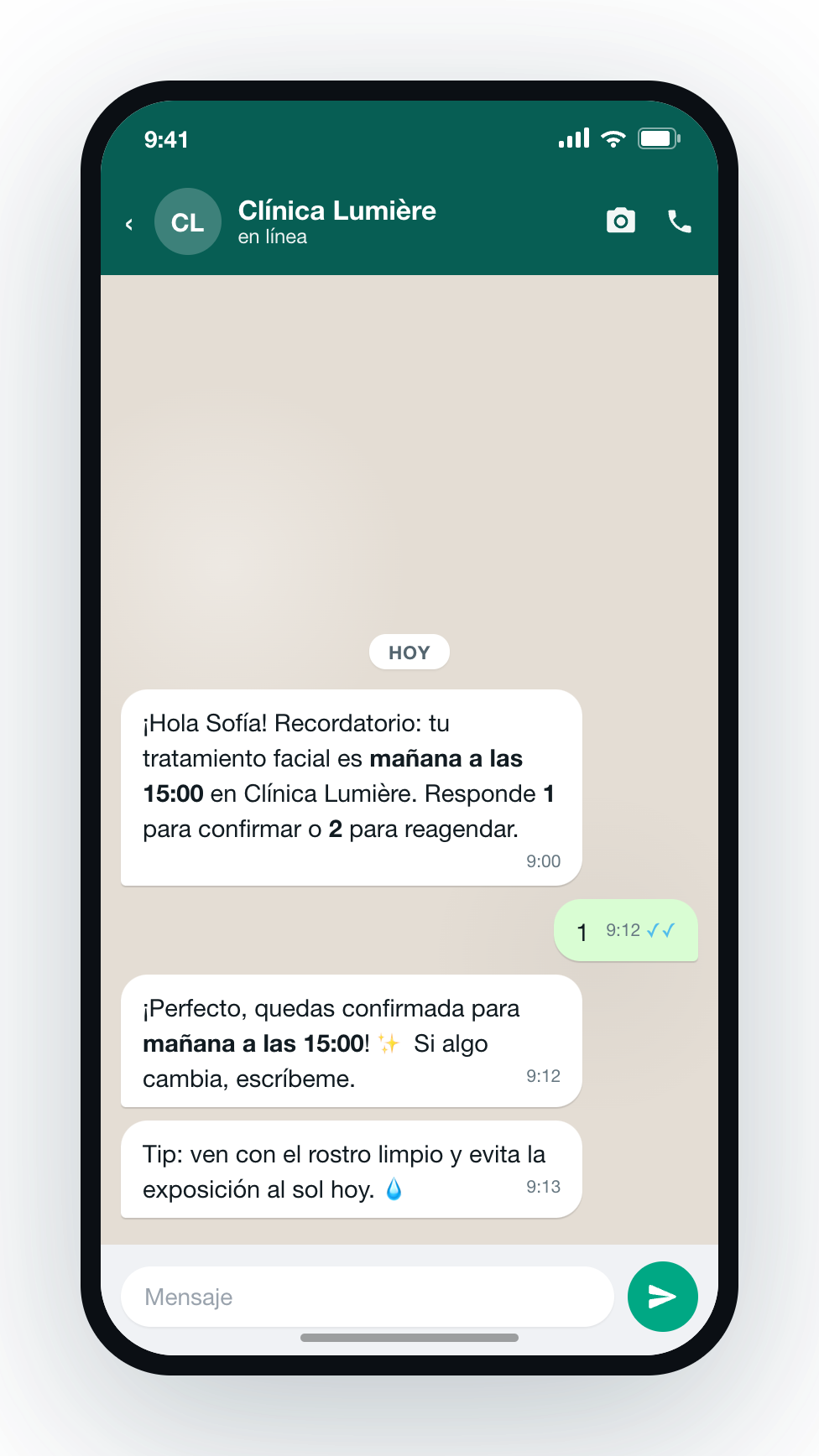 Recordatorio de cita por WhatsApp con confirmación en un toque