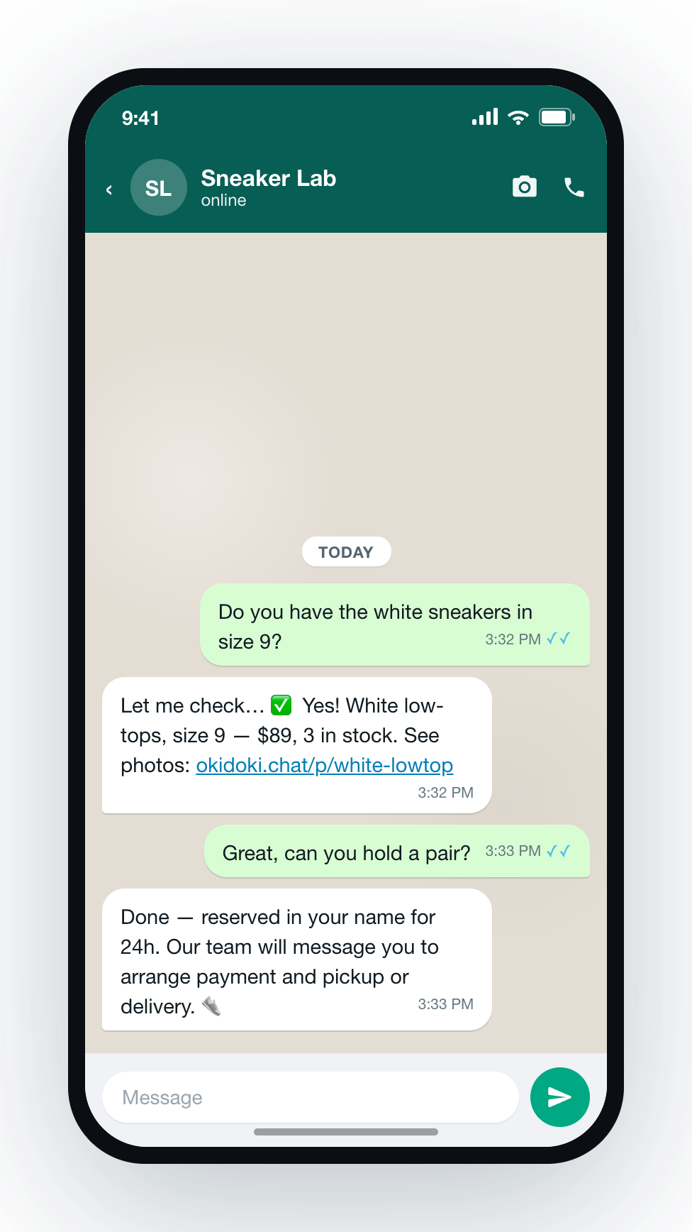 WhatsApp chat where okidoki confirms stock and reserves a product