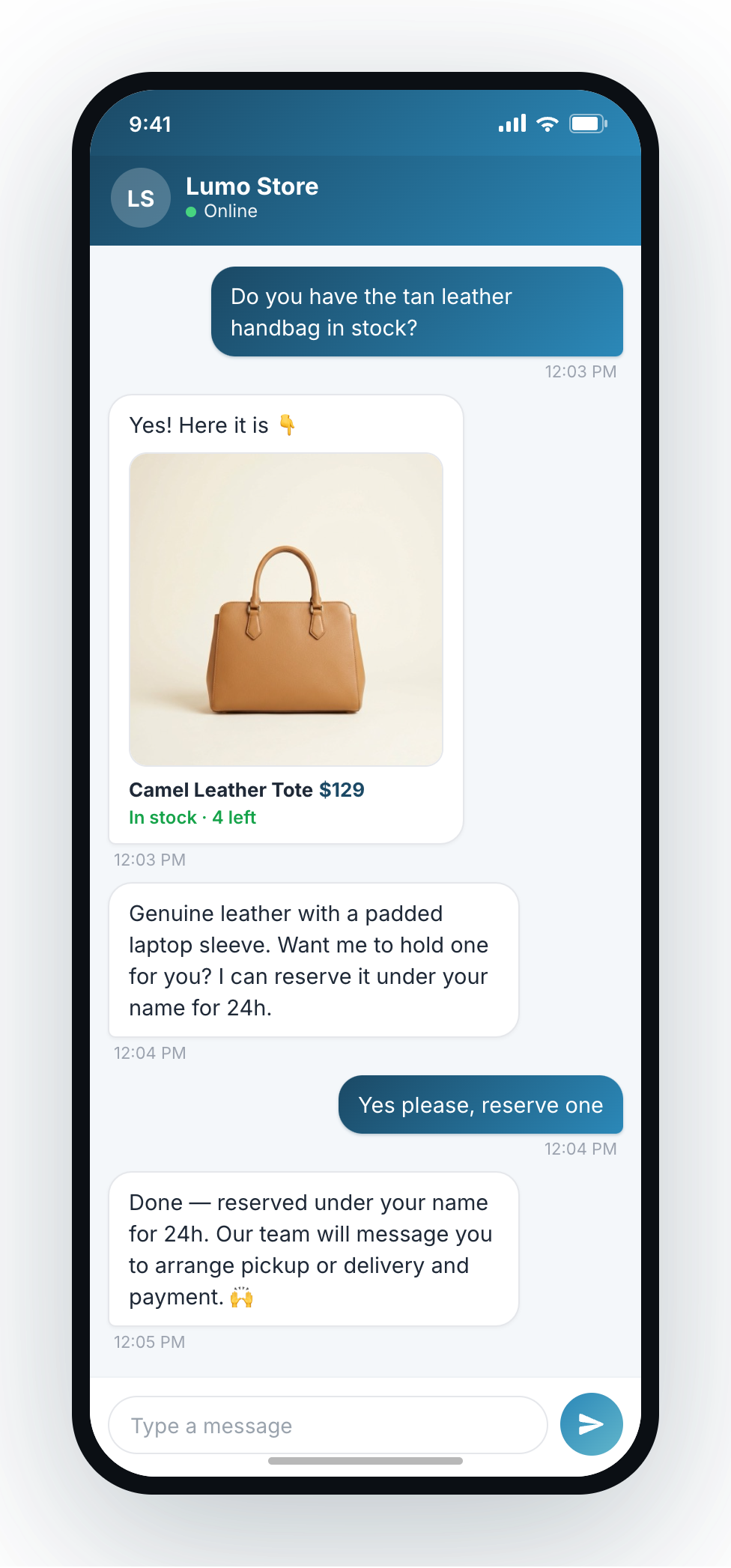 Okidoki web chat showing a product photo, price and stock, then reserving it