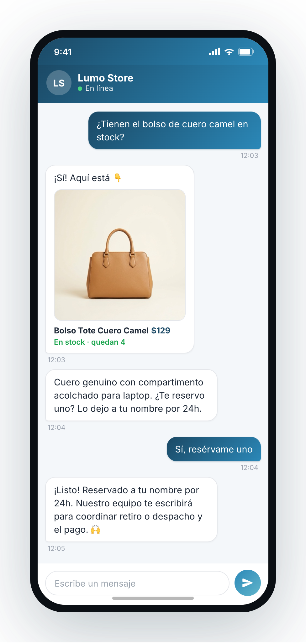 Chat web de okidoki mostrando la foto, el precio y el stock de un producto y reservándolo