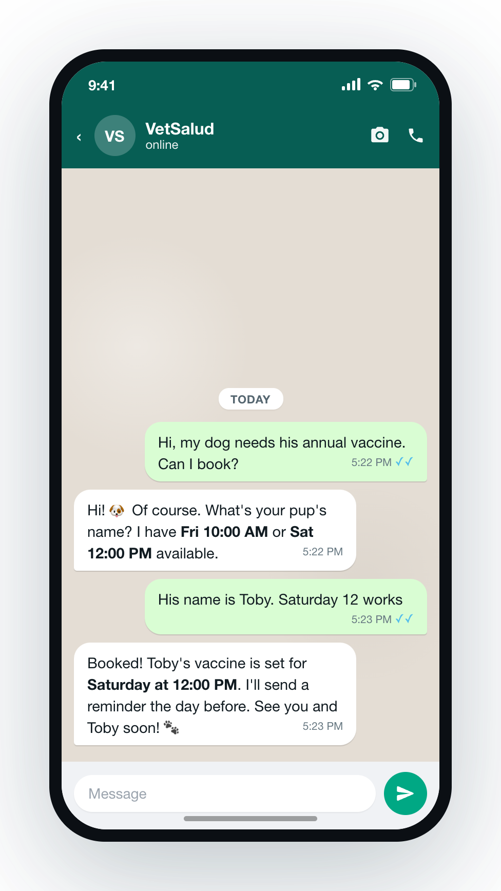 WhatsApp chat booking a veterinary appointment