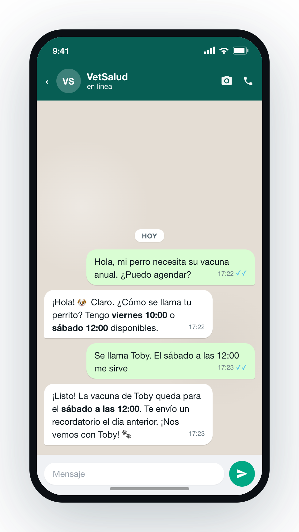 Chat de WhatsApp agendando una cita veterinaria