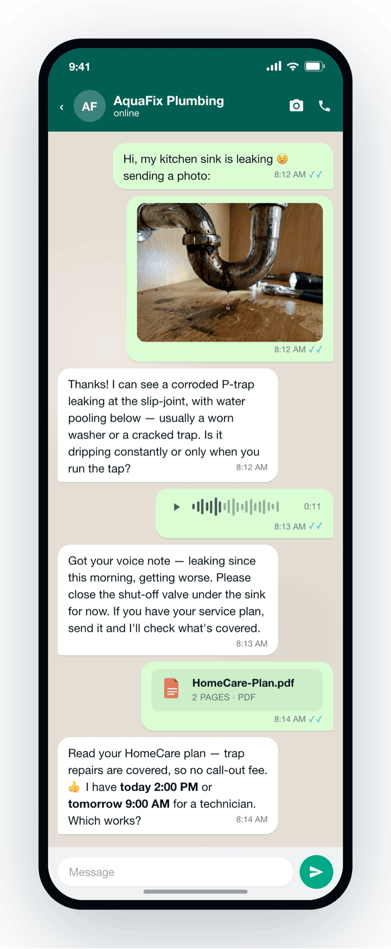 WhatsApp chat where a customer sends a photo, a voice note and a PDF, and okidoki understands each one