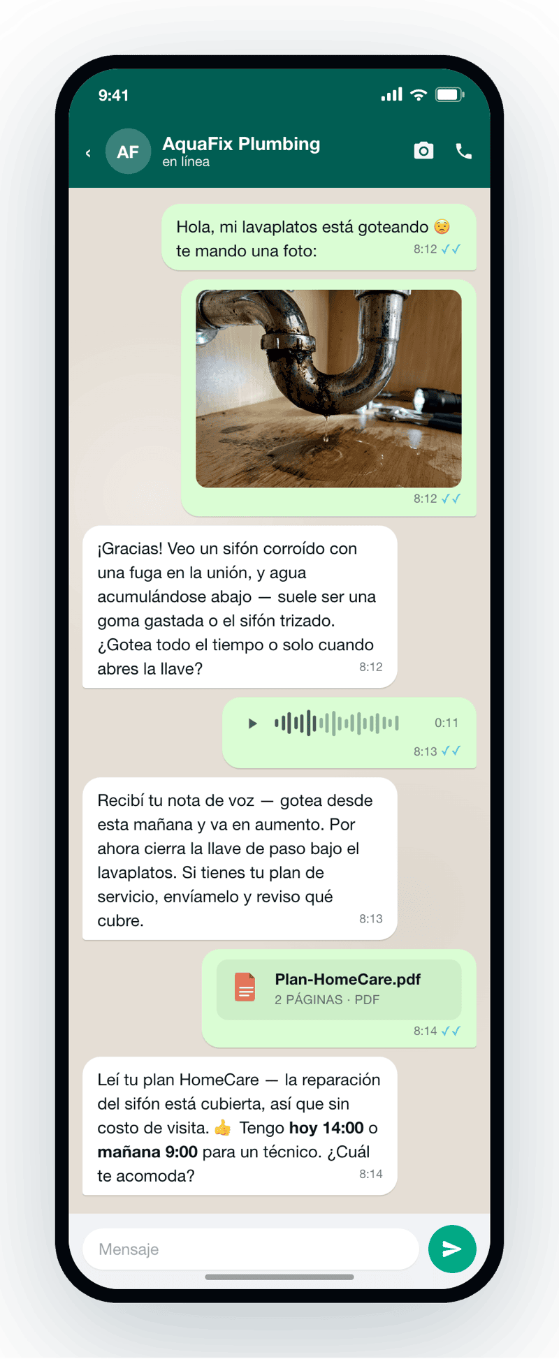 Chat de WhatsApp donde un cliente envía una foto, una nota de voz y un PDF, y okidoki entiende cada uno